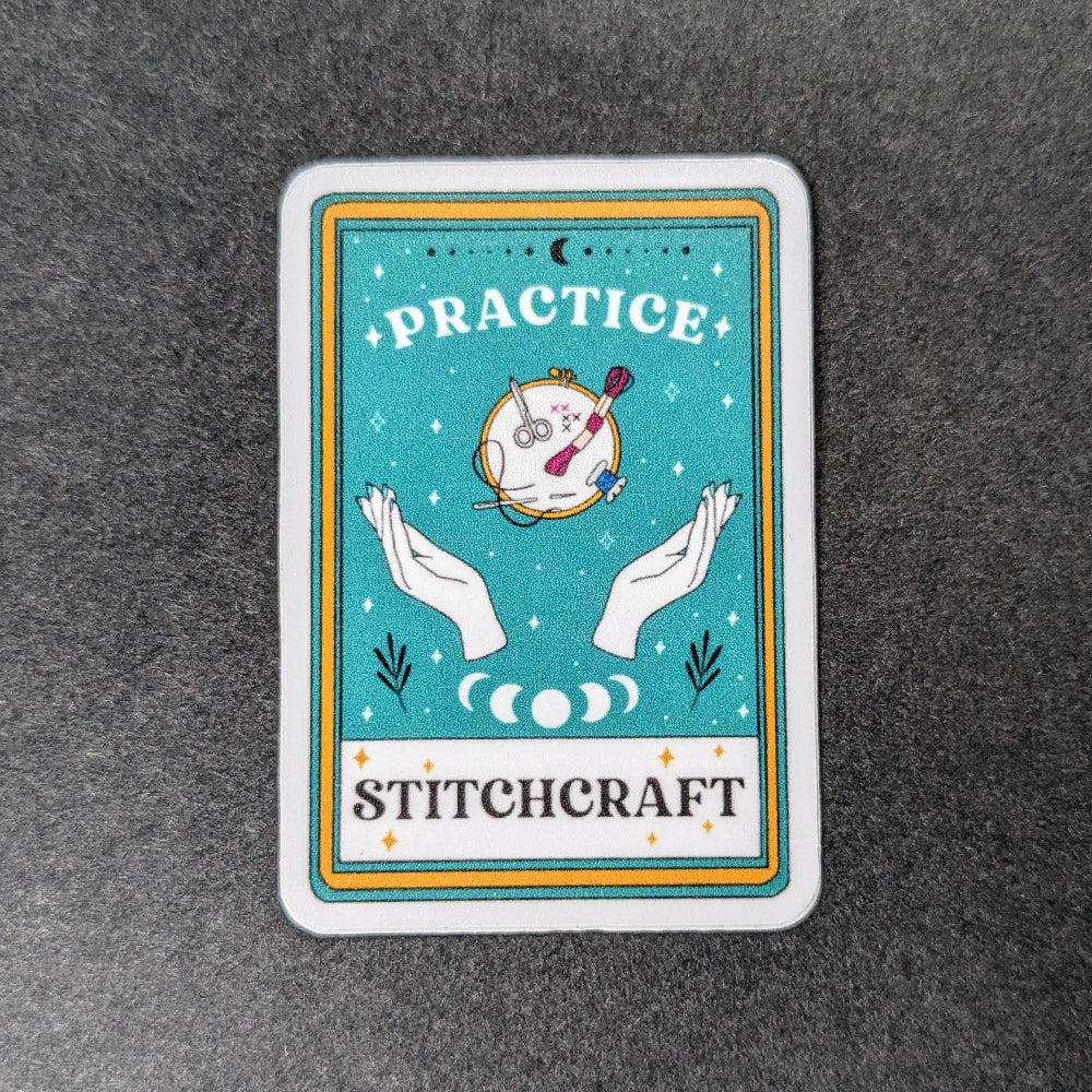 Card with 'Practice Stitchcraft' text and illustrations on a textured gray background