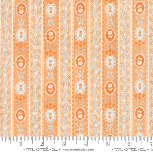 Fabric pattern with orange and white stripes featuring floral designs