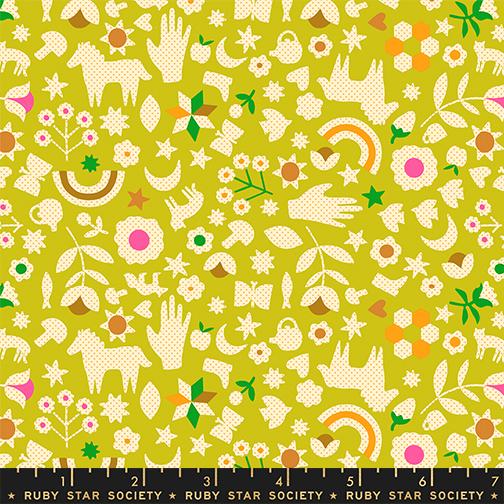 pattern of whimsical objects like a horse, hand, mushroom, and butterfly on a light green background