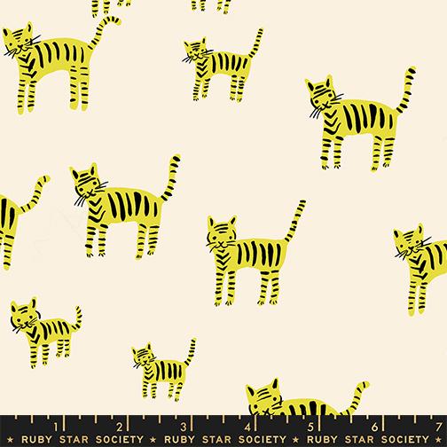 Pattern of yellow and black striped cats on a beige background with Ruby Star Society label at the bottom.