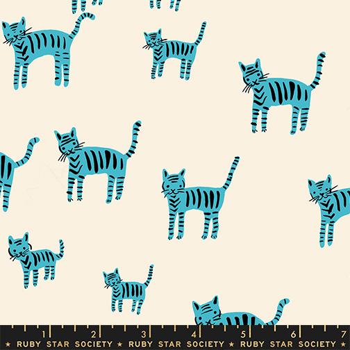 Pattern of blue striped cats on a beige background with Ruby Star Society label at the bottom.