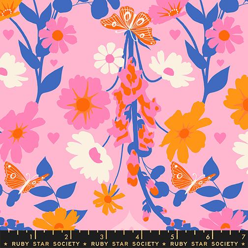 Floral and butterfly pattern with pink, yellow, and orange flowers on a blue background.