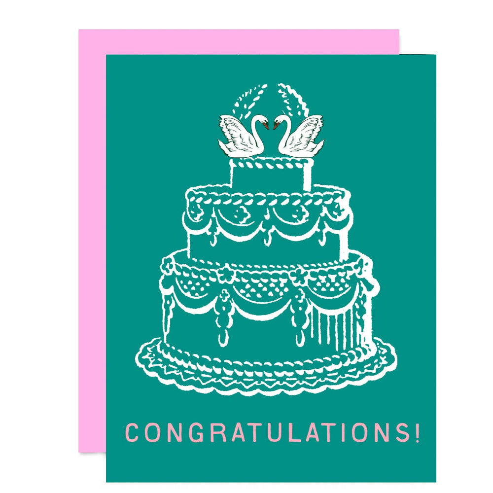 Card with a wedding cake illustration and 'Congratulations!' text on a teal background