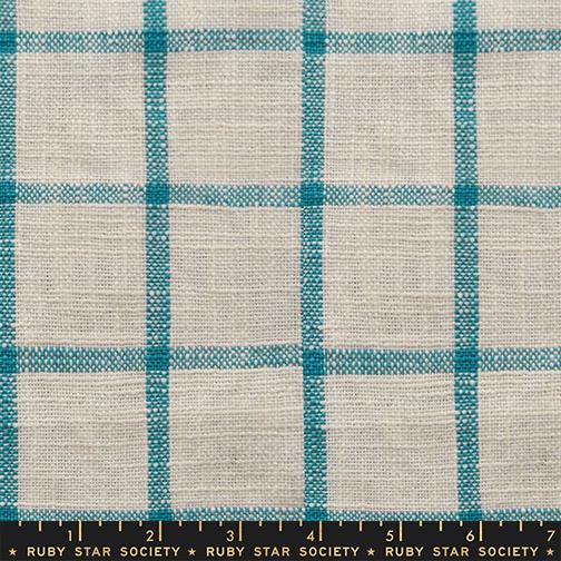 Fabric with blue and beige check pattern and Ruby Star Society label at the bottom.