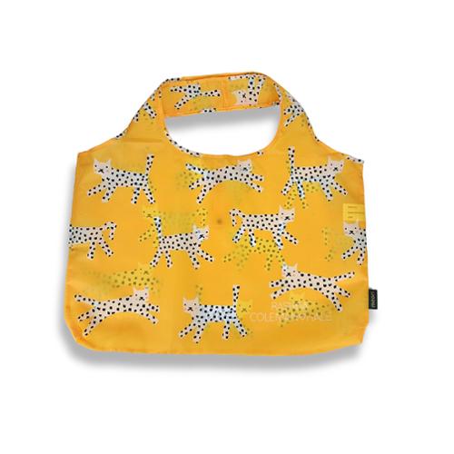 Yellow reusable bag with white spotted snow leopard print