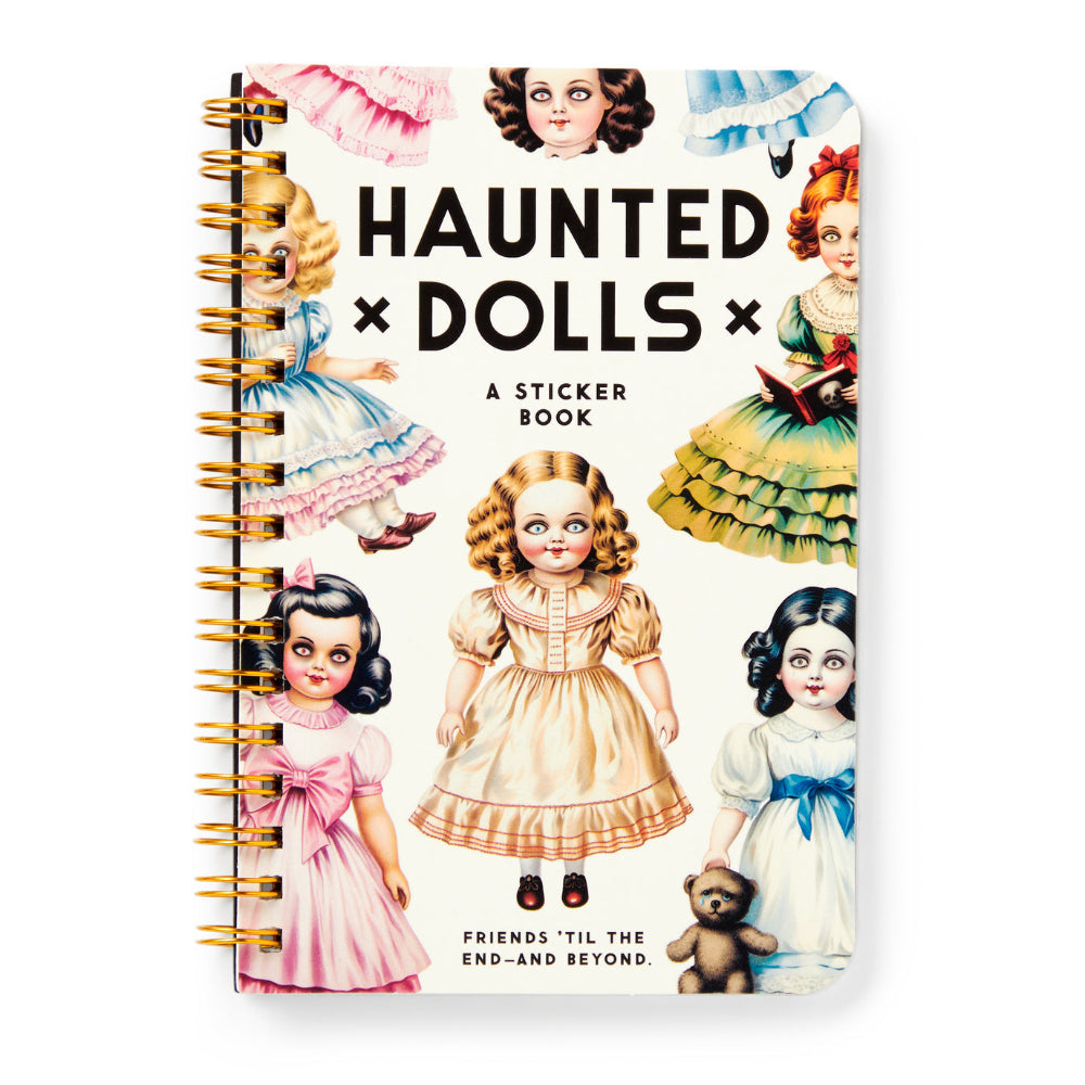 Sticker book cover featuring vintage dolls with the title 'Haunted Dolls'.