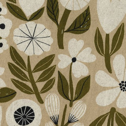 Beige canvas with a variety of white flowers and green leaves