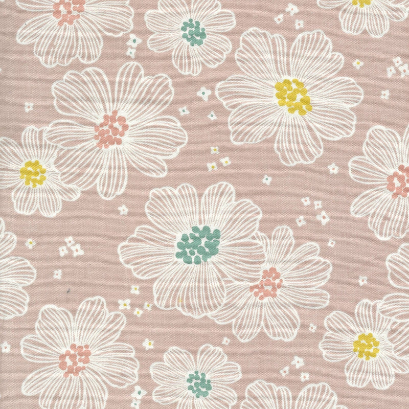 Pink fabric with white outlined flowers