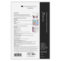 Backside of sewing pattern listing patten features and notions with picture of a white totebag