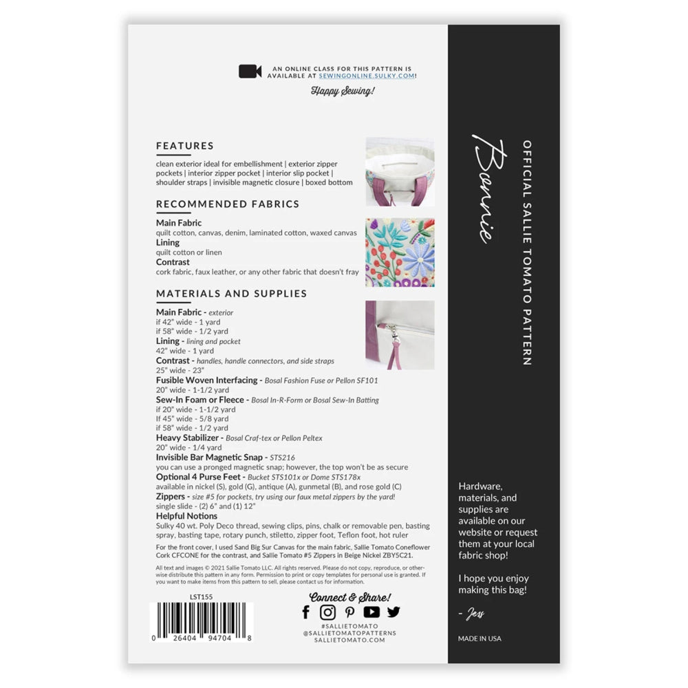 Backside of sewing pattern listing patten features and notions with picture of a white totebag