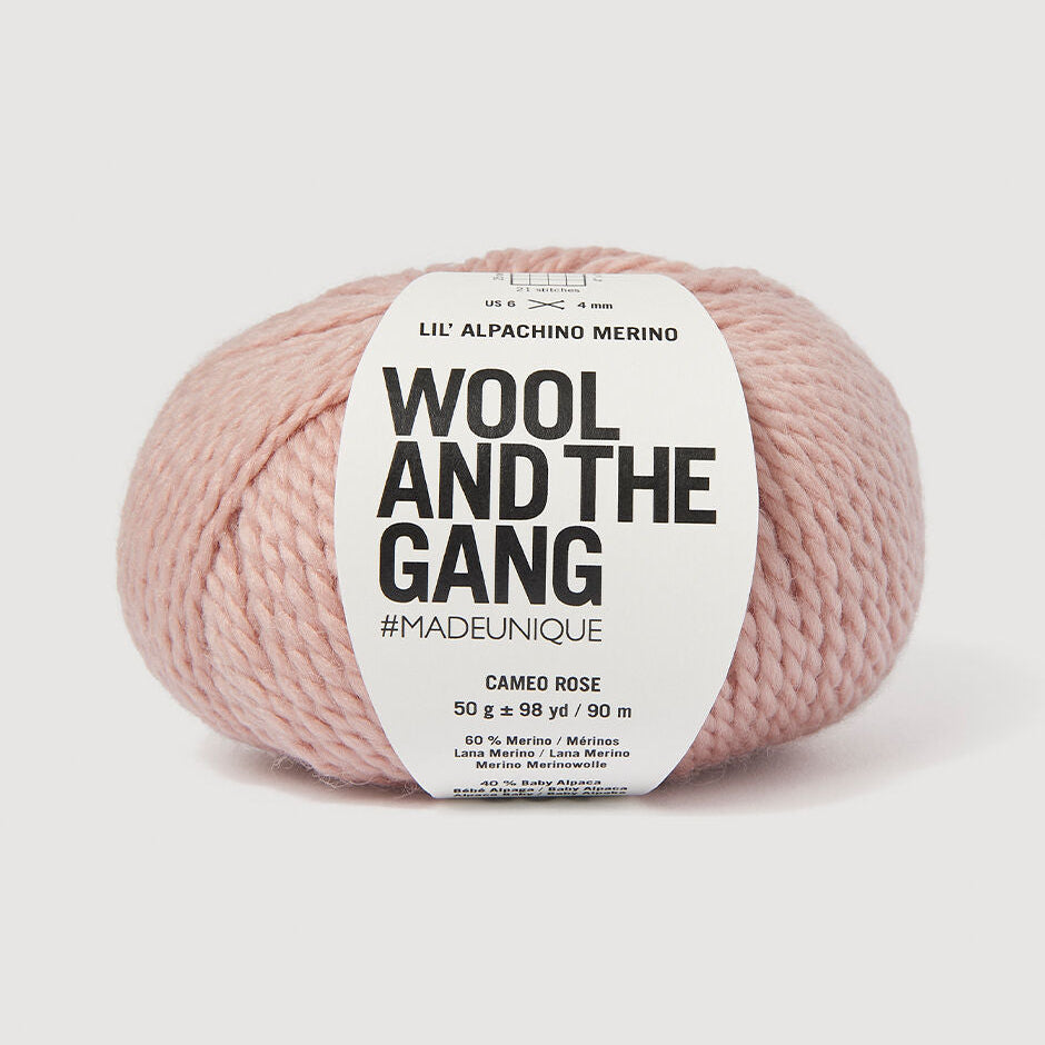 Pink yarn ball with 'Wool and the Gang' label on a light gray background