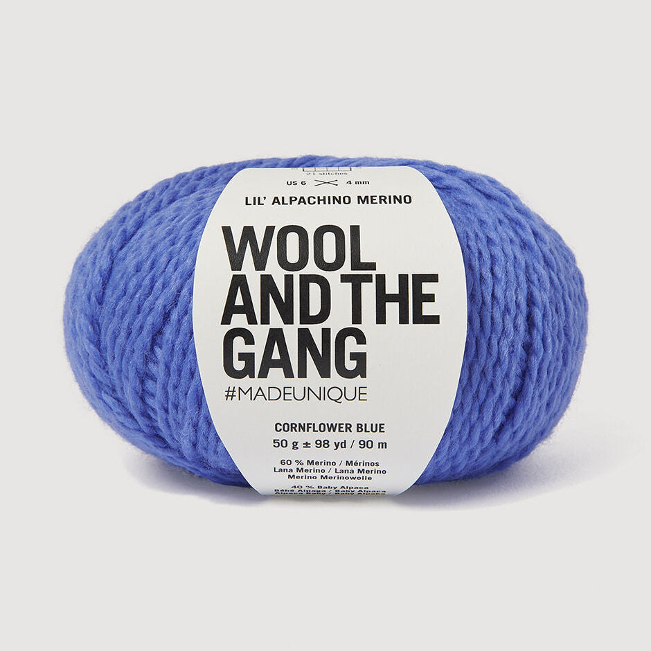 Blue ball of yarn with 'Wool and the Gang' label on a white background