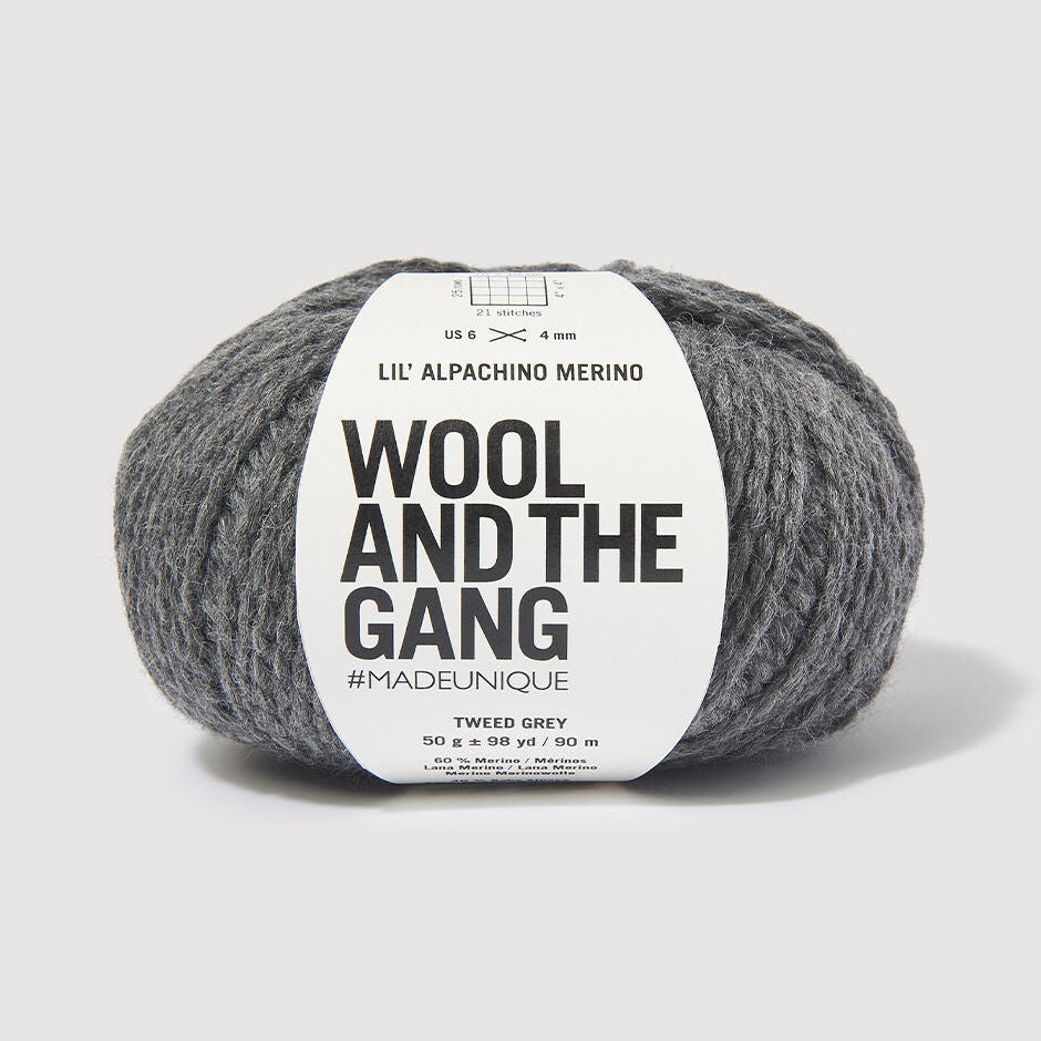 Gray skein of yarn with 'Wool and the Gang' label on a light gray background