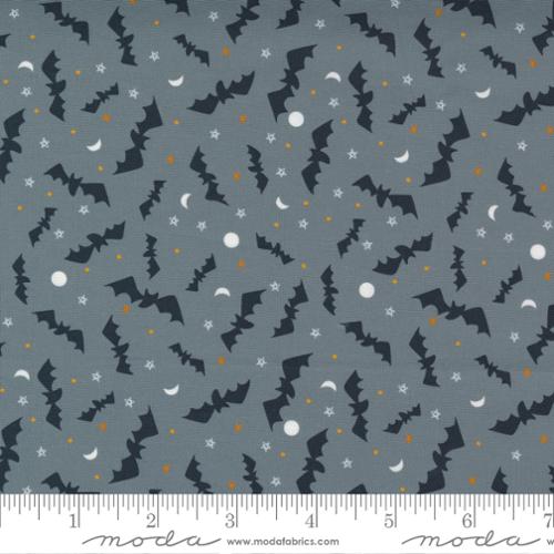 Black bats on grey background with white stars and moon pattern