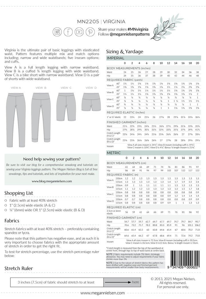 Virginia Leggings & Bike Shorts Pattern (Sizes 00-20) Pattern Megan Nielsen Patterns