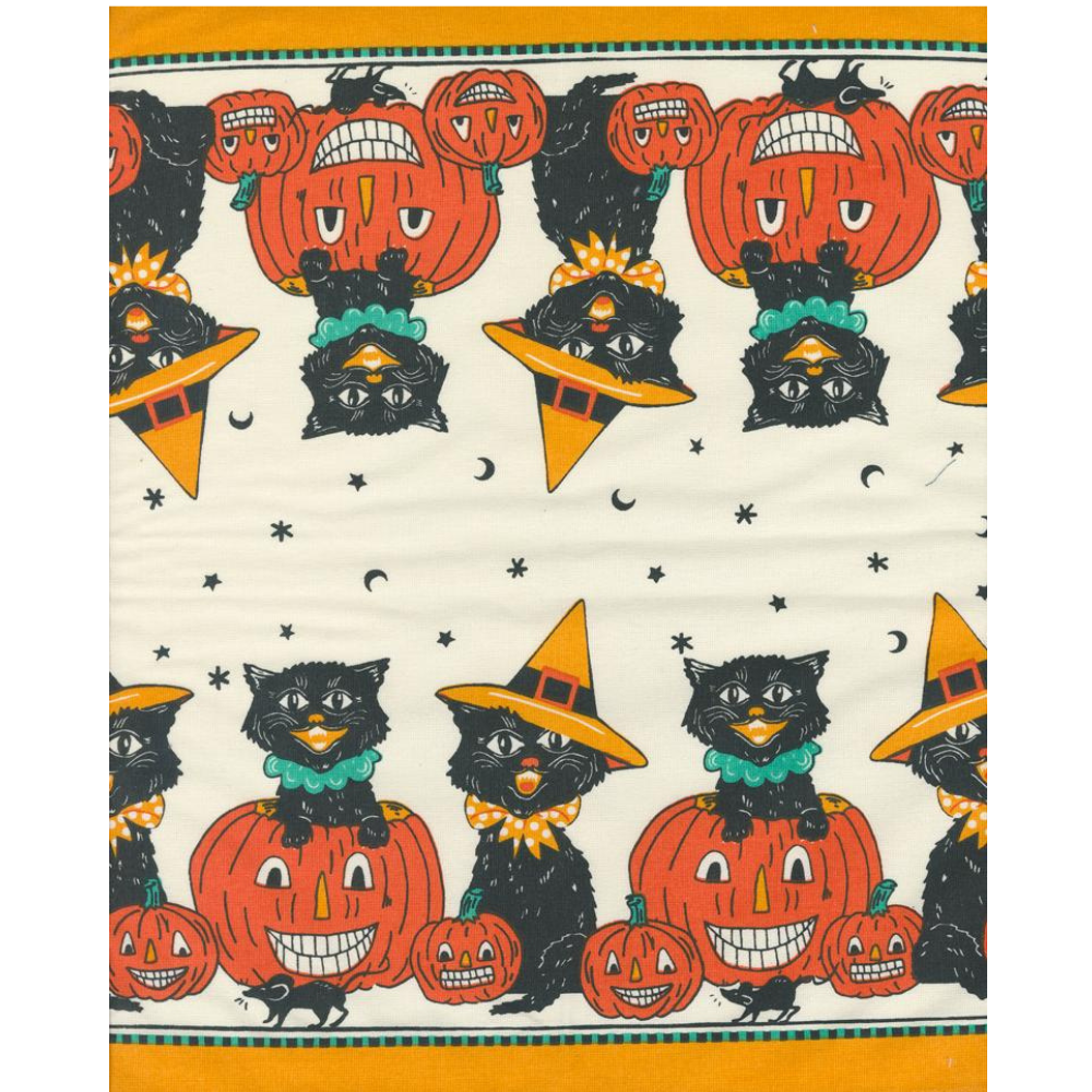 Halloween-themed fabric with black cats, orange pumpkins, and witch hats on a white background.