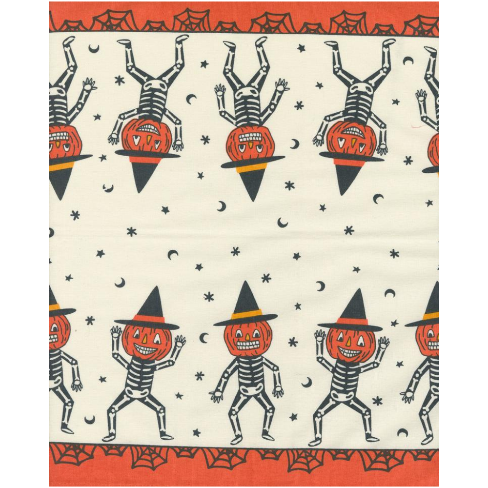 Halloween-themed pattern with skeletons, pumpkins, and witches on a beige background.
