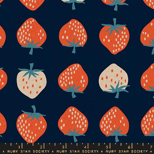 navy fabric with pink and red strawberries