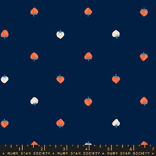 navy fabric with white and red strawberries