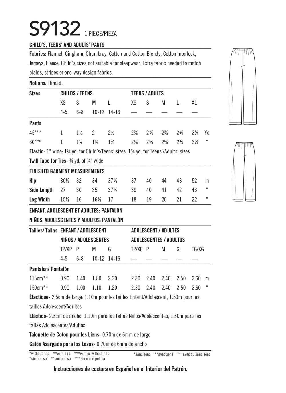Simplicity Pattern s9132 Unisex Sleepwear Pants Pattern Simplicity