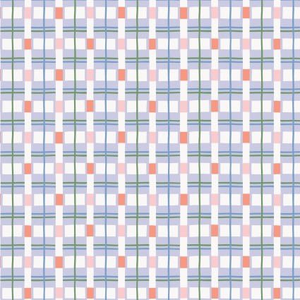 White and blue grid with pink and red squares in between