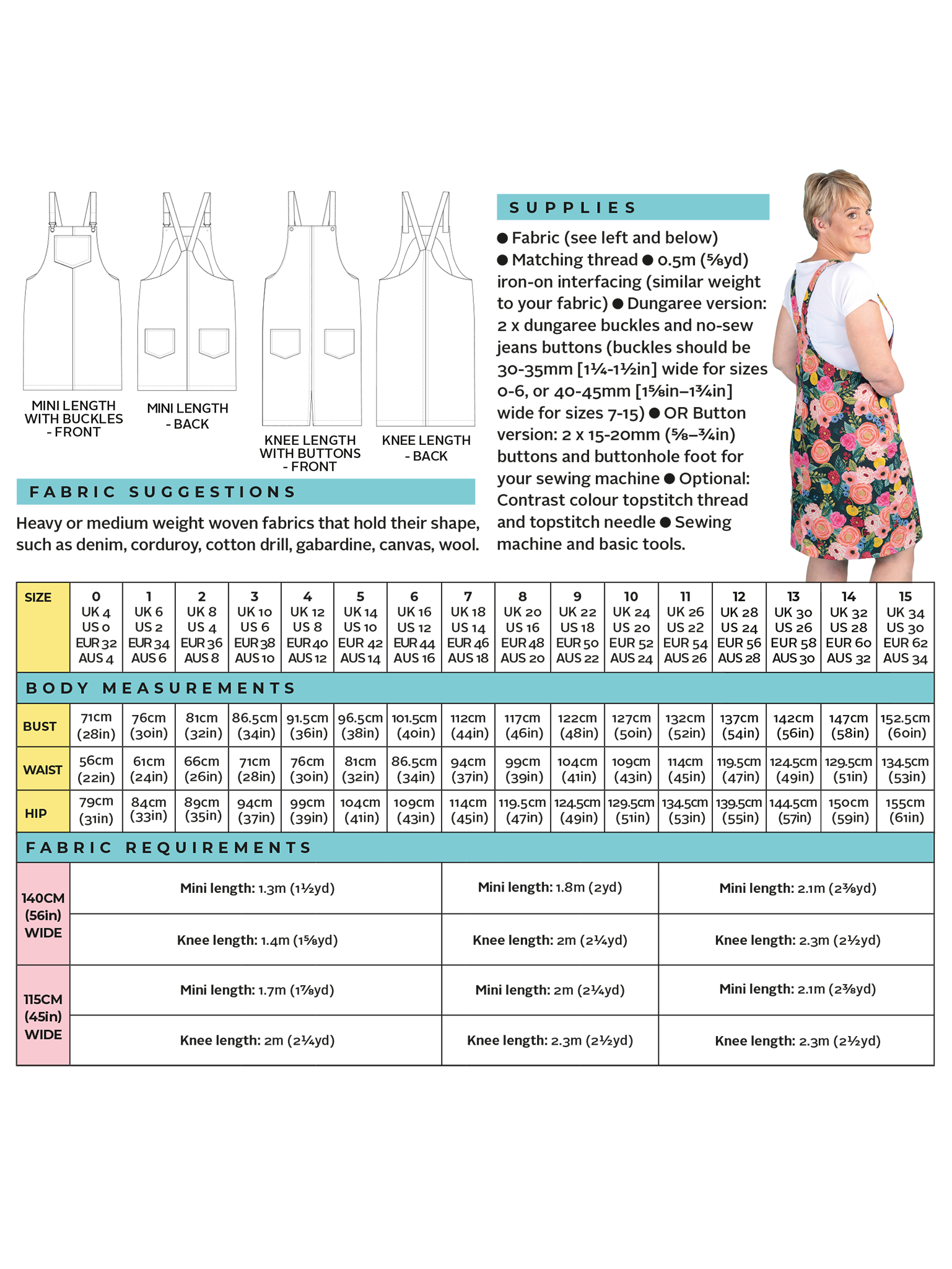 Cleo Dungaree Dress Pattern (US0-30) Pattern Tilly and the Buttons