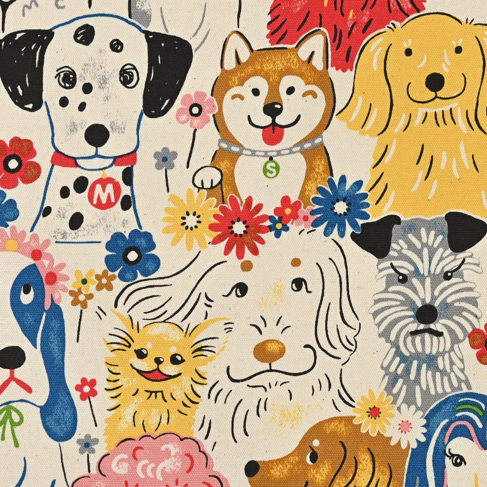 Pattern of cartoon dogs and flowers on a beige background
