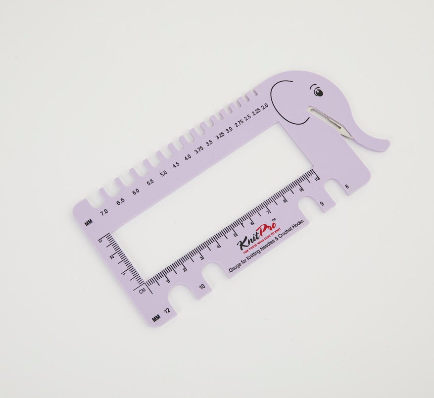 lilac elephant shaped yarn cutter and needle gauge