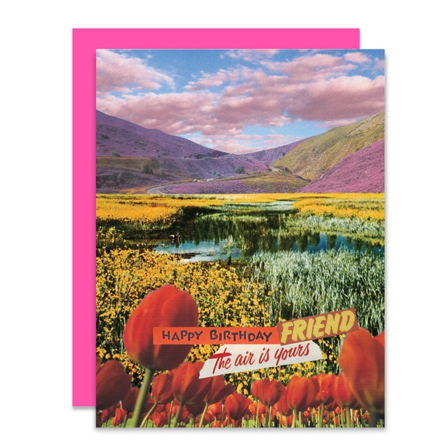 Greeting card with a scenic landscape and birthday message, featuring red tulips and a pink border.