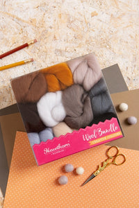 Picture of the wool bundles with pencils, scissors and paper around it.