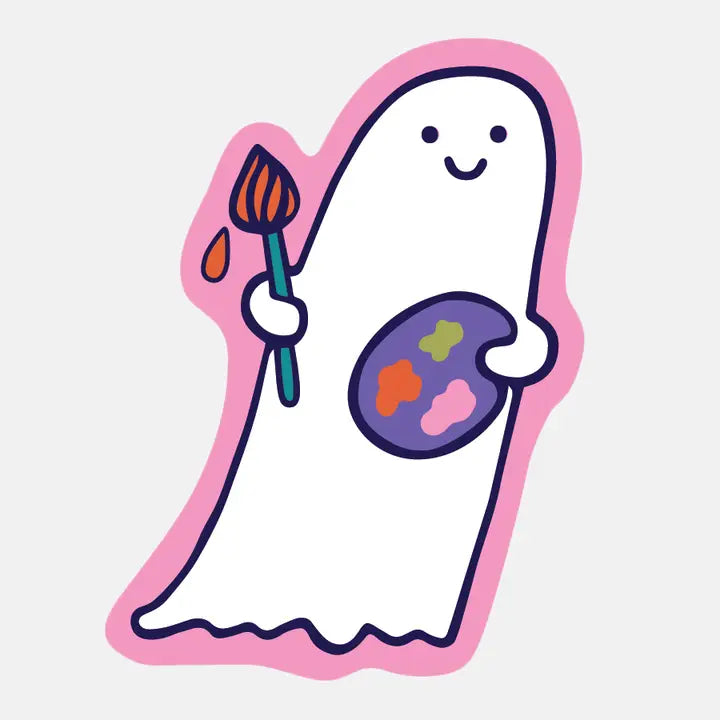 Cartoon ghost holding a paintbrush and palette on a light purple background
