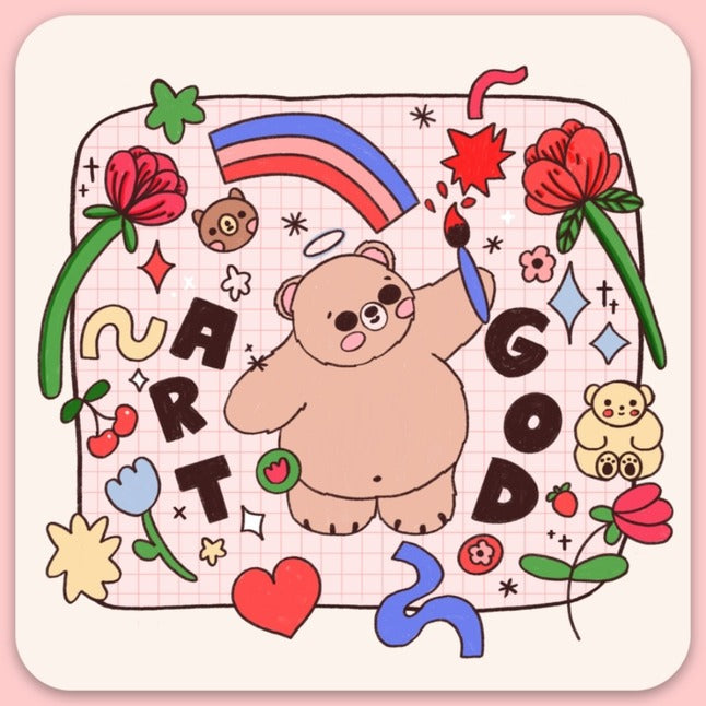 Bear holding a paintbrush surrounded by flowers, rainbows, abstract shapes with a beige grid background and the words "Art God" on either side of bear.