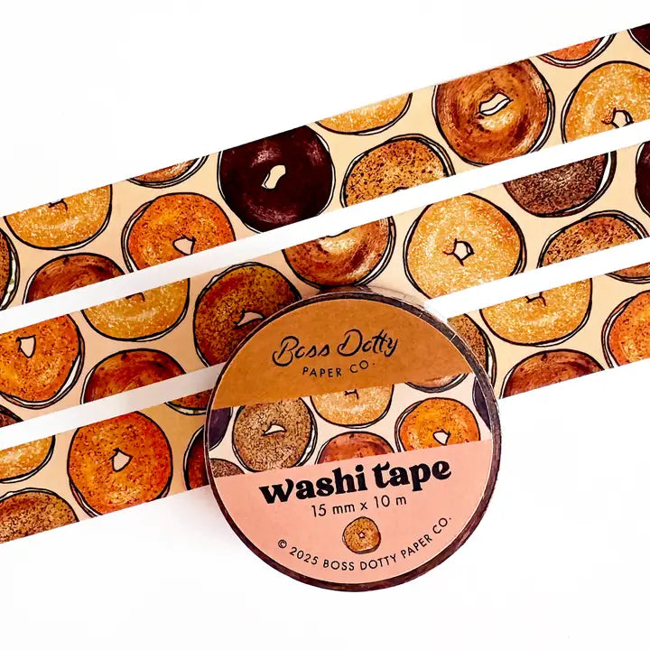 Washi tape with bagel pattern and 'Boss Dotty Paper Co' branding on a white background