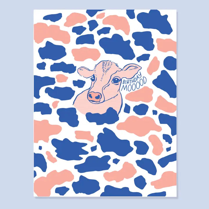 Cartoon cow with 'Birthday Moood' text on a blue and pink patterned background