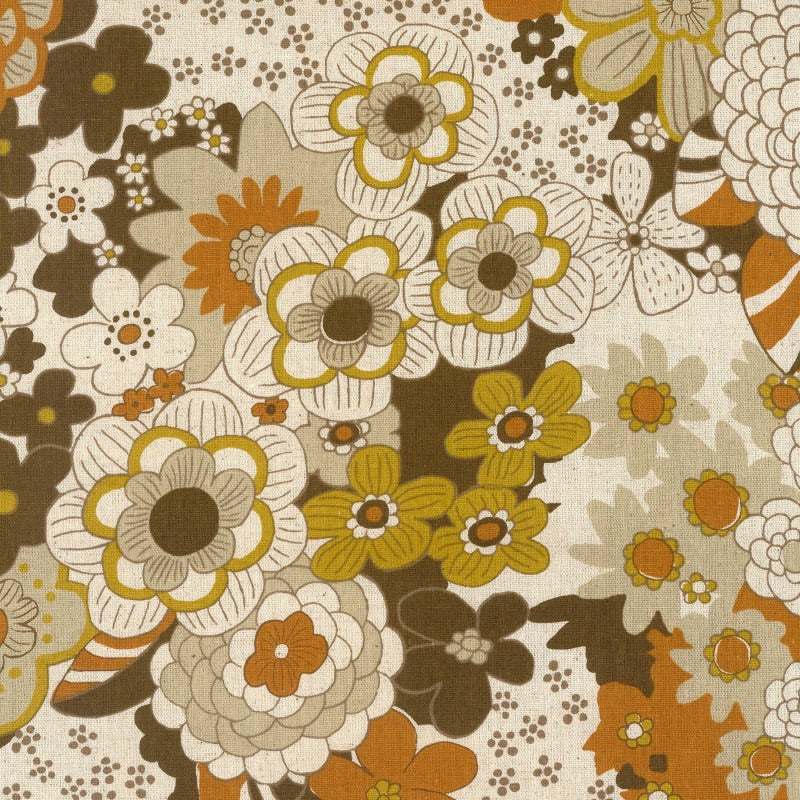 Knap Big Flower Cotton Linen Canvas by Kokka in Brown Fabric Kokka