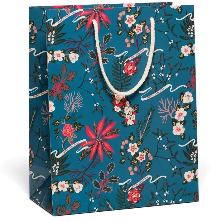 Blue Poinsettia Holiday Gift Bag Gift Wrap Red Cap Cards