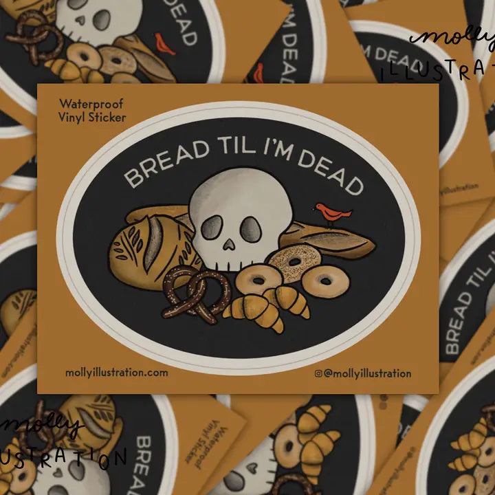 Sticker with skull and bread design on a brown background, surrounded by similar stickers.