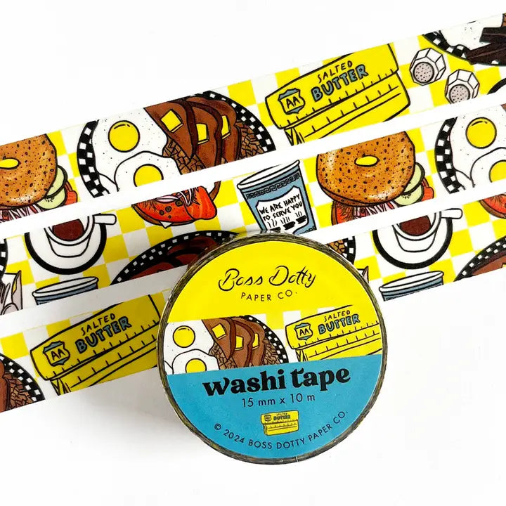 Washi tape with cartoon food design and 'Boss Dotty Paper Co' branding on a white background