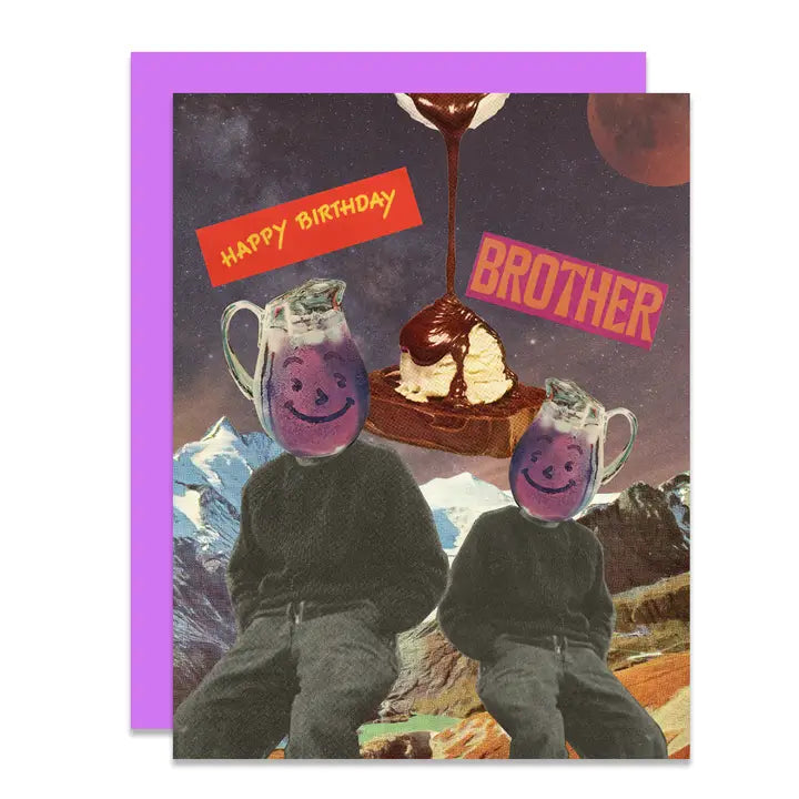 Birthday card for a brother with two smiling purple drink figures and a cake, set against a mountainous landscape.