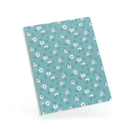Blue notebook with white flowers on a white background