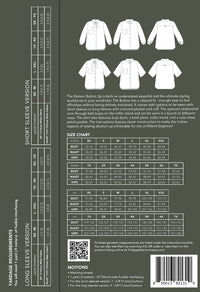 Information (size guide, yardage requirements) about the Butano Button Up Pattern.