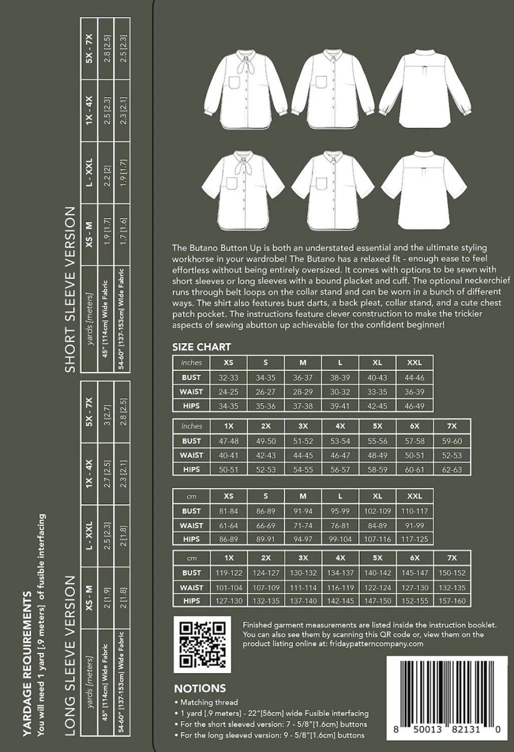 Information (size guide, yardage requirements) about the Butano Button Up Pattern.