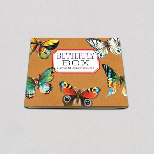 Various colorful butterflies on brown box.