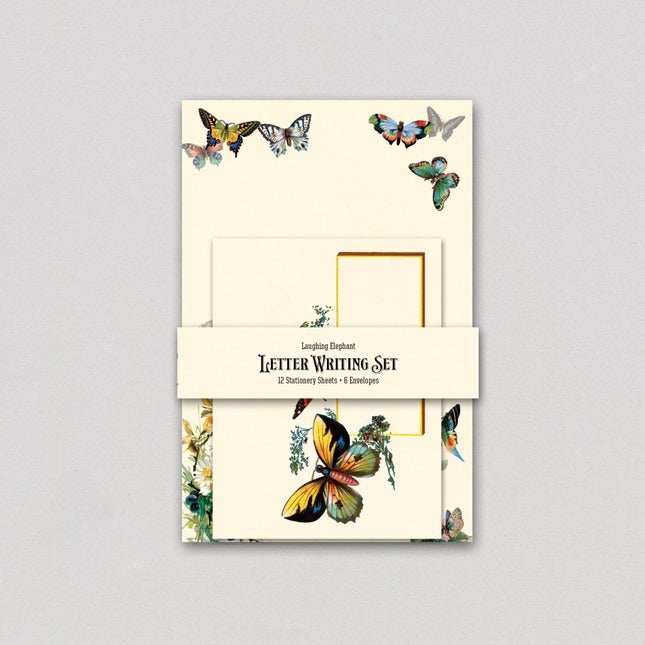 Letter writing set with butterfly designs on a light gray background