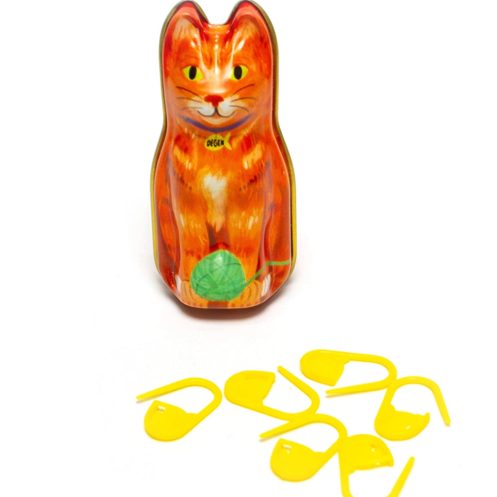 Tin Cat with stitch markers