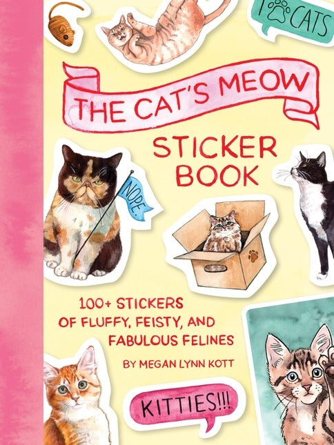 Sticker book cover with cat illustrations and text "The Cat's Meow: Sticker Book" on a yellow background