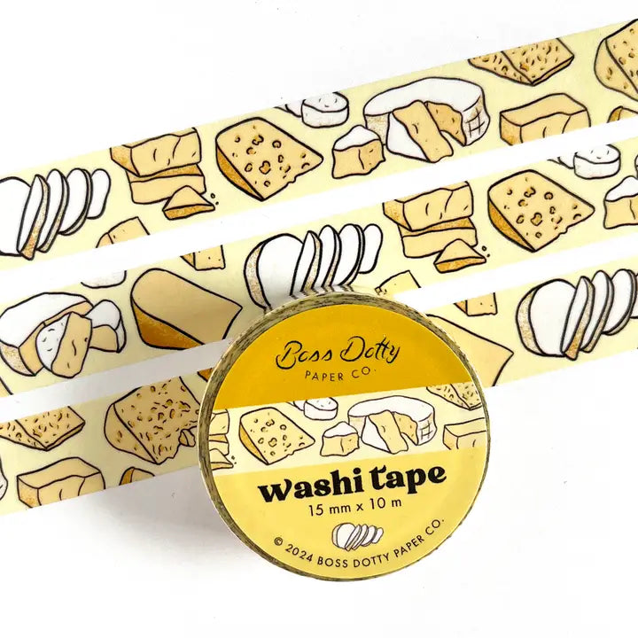 Washi tape with cheese design and Boss Dotty Paper Co. branding on a white background