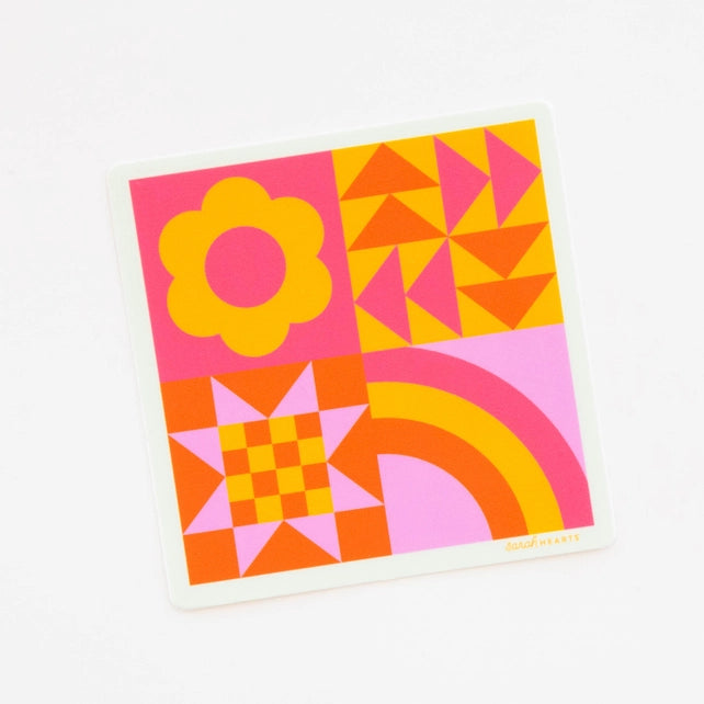 Colorful geometric patterned quilt block sticker on a white background