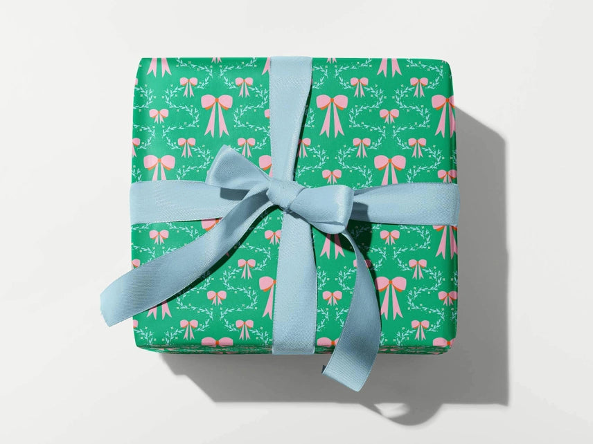 Coquette Christmas Holly & Bows Gift Wrap Sheets-Green