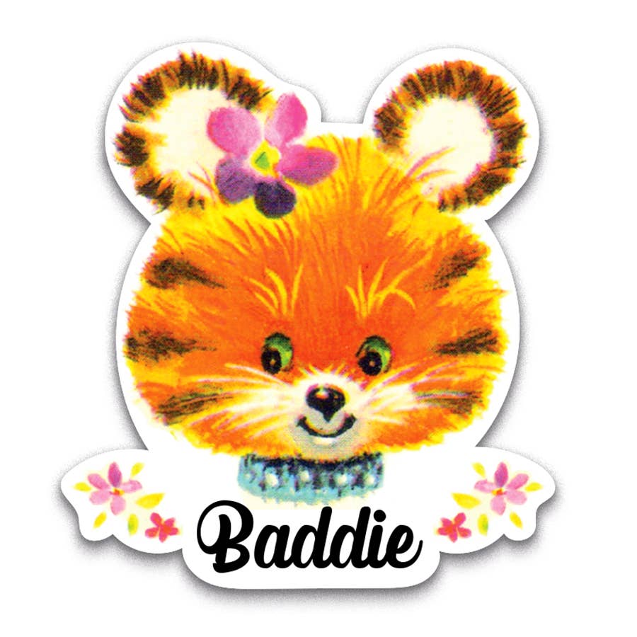 Colorful sticker of a tiger with a bow and flowers, labeled 'Baddie'.
